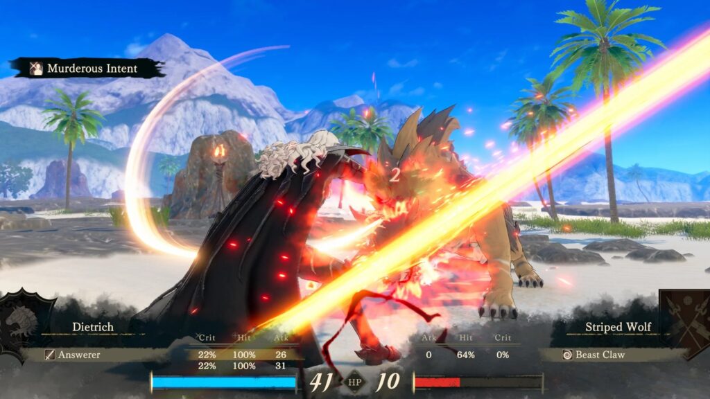 Fire Emblem: Fortune’s Weave Datamine Hints at DLC Characters Dietrich performing a fiery sword attack against an enemy in a coastal battlefield