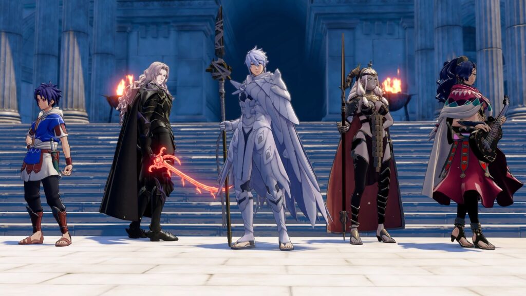 Unofficial Fire Emblem: Fortune’s Weave Guides Raise AI Concerns Three Fire Emblem: Fortune's Weave characters assembled on grand stone steps, including an armored warrior and musician