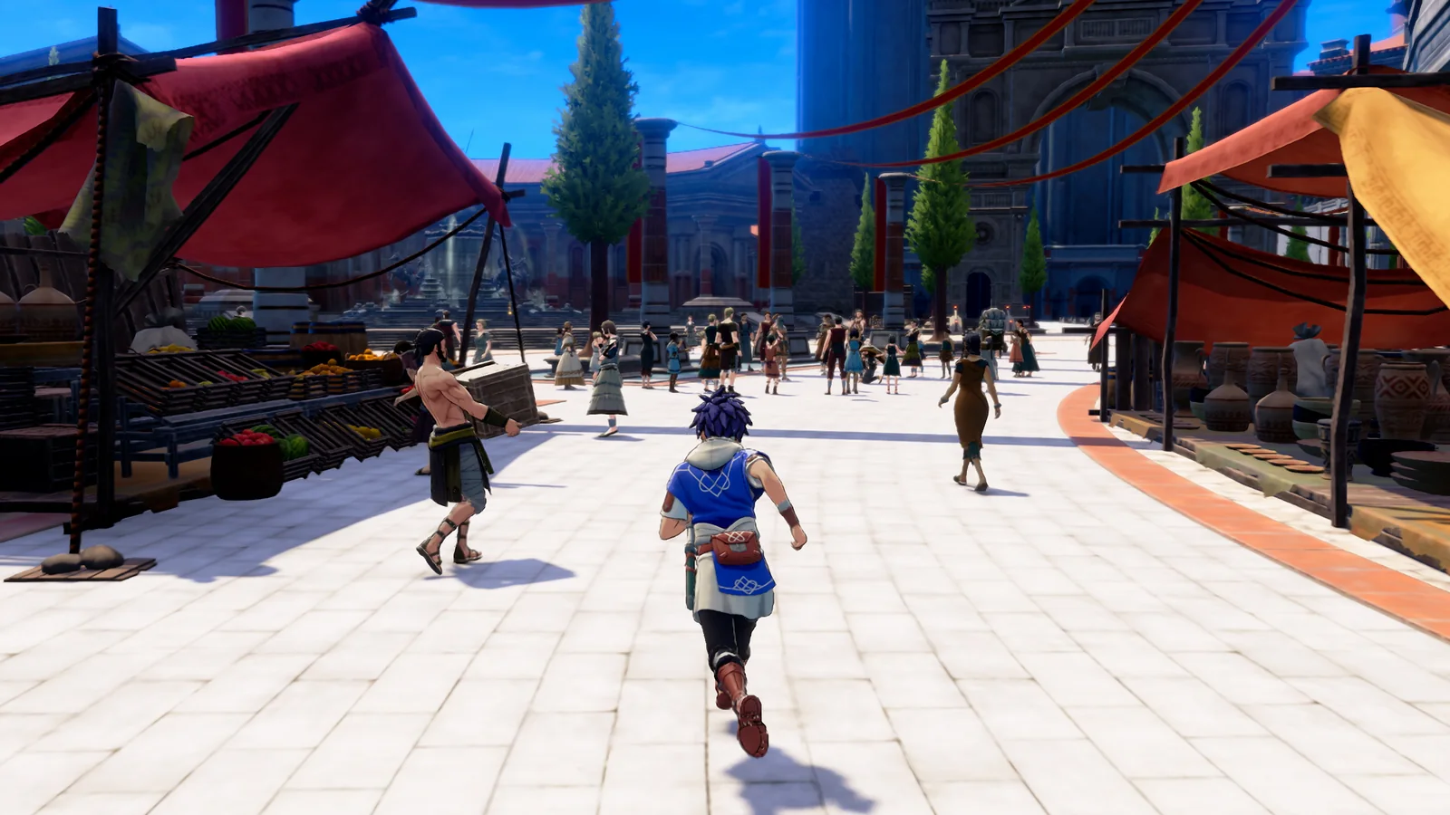 Cai running through a lively city marketplace with merchant stalls, pedestrians and stone buildings