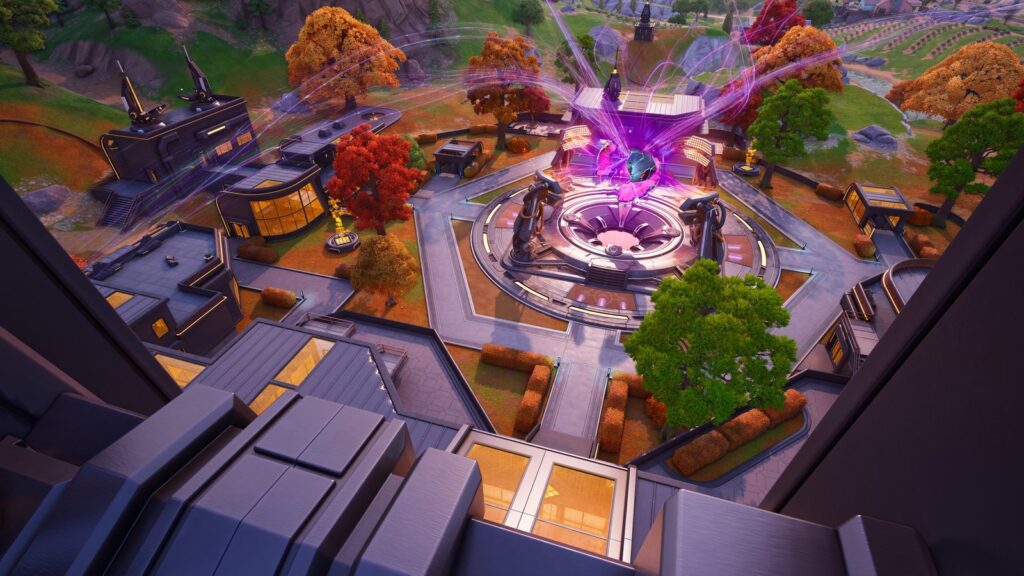 Fortnite Battle Royale screenshot showing a futuristic installation surrounded by autumn foliage and purple energy