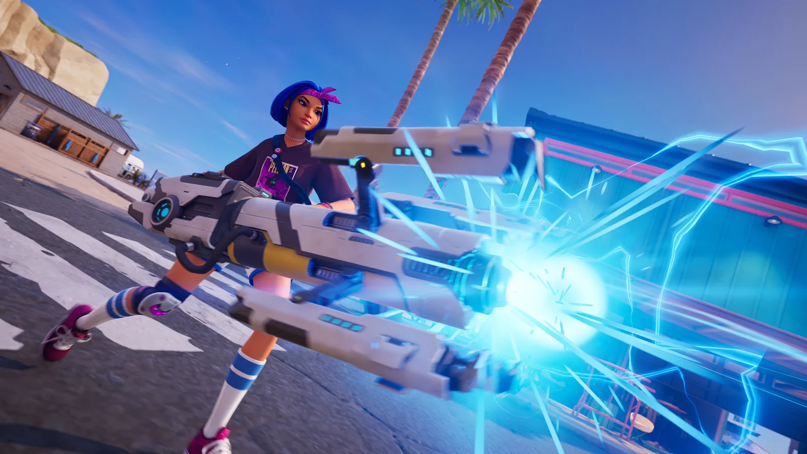 Fortnite Battle Royale gameplay screenshot featuring a female character firing a futuristic energy weapon on a sunny