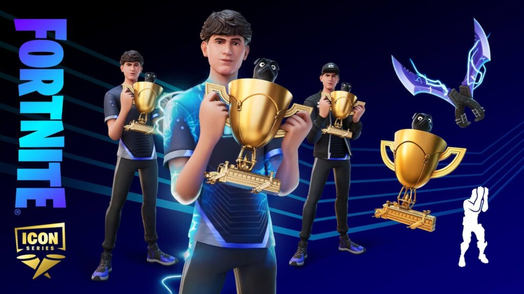 Fortnite Icon Series character holding a golden trophy, with alternate outfit styles displayed