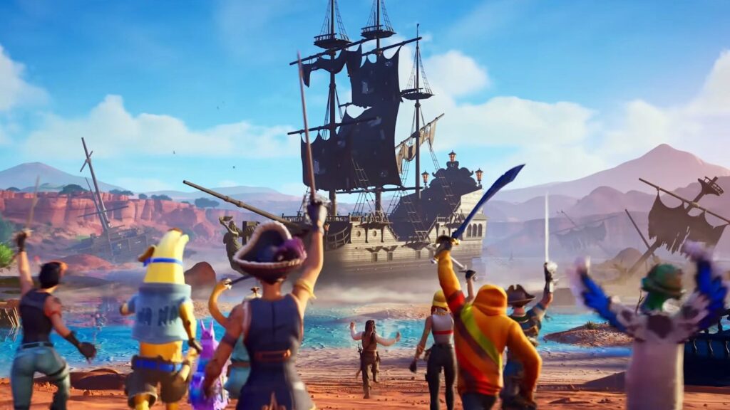 Fortnite One Piece Crossover Rumored for Treasure Hunters Season Fortnite characters gathered on a beach facing a large pirate ship with black sails, turquoise water and a bright