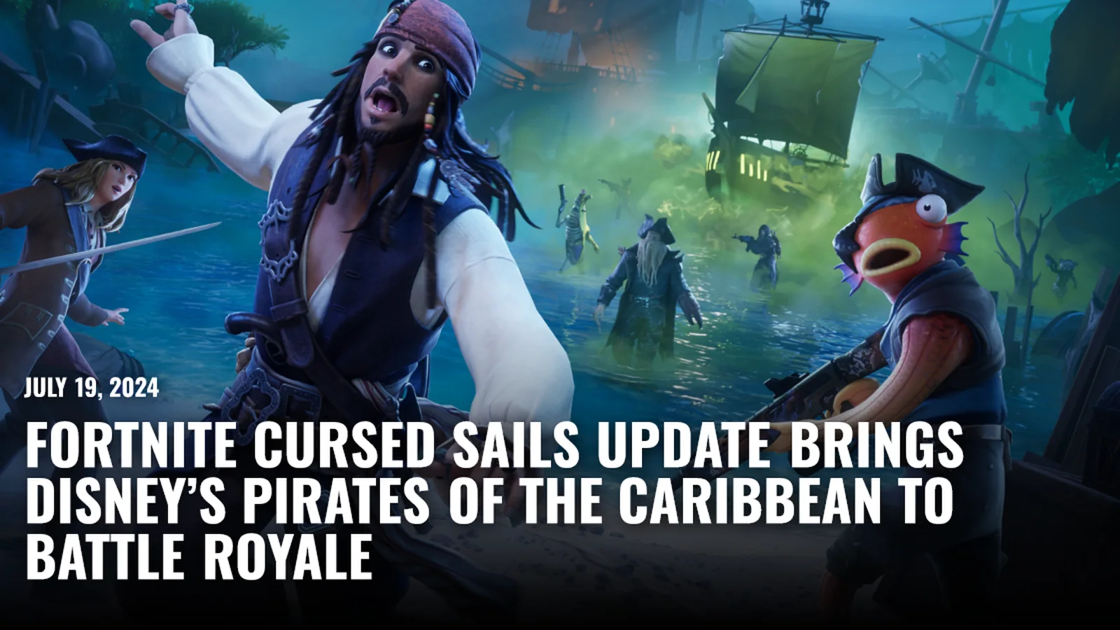 Jack Sparrow running toward the viewer on a moonlit Fortnite beach with ghostly pirates, mist and a pirate ship in the
