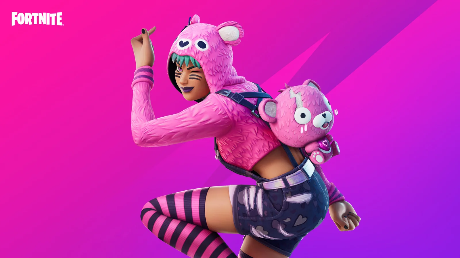 Official Fortnite promotional artwork featuring a character in a pink bear hoodie against a vibrant pink background