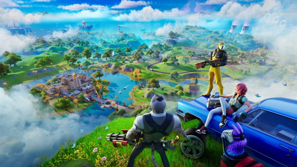 Fortnite One Piece Posters Show Luffy, Ace, Jonesy and Hope Official Fortnite Battle Royale artwork showing several characters gathered around a blue vehicle overlooking the island