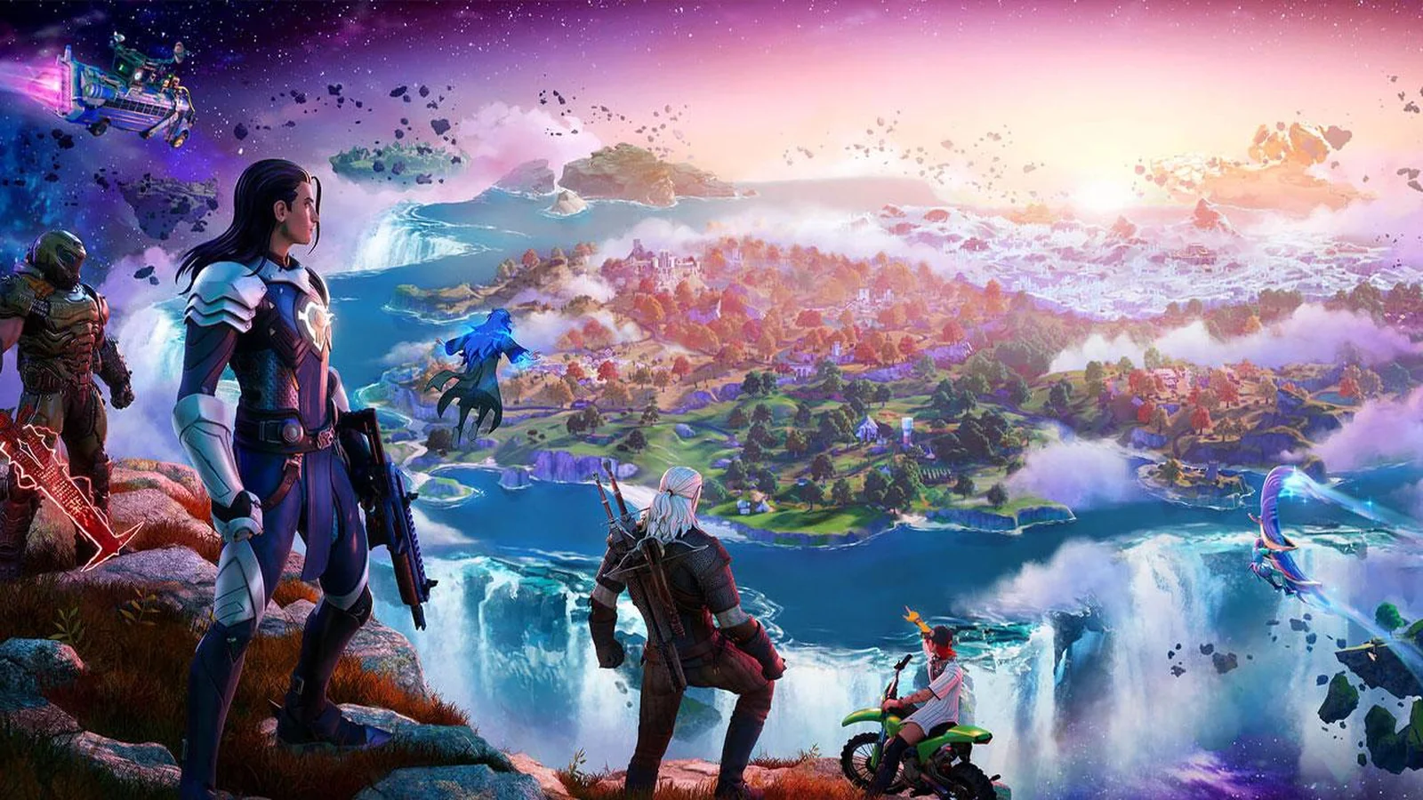 Fortnite promotional artwork featuring multiple gaming characters overlooking a colorful island filled with waterfalls
