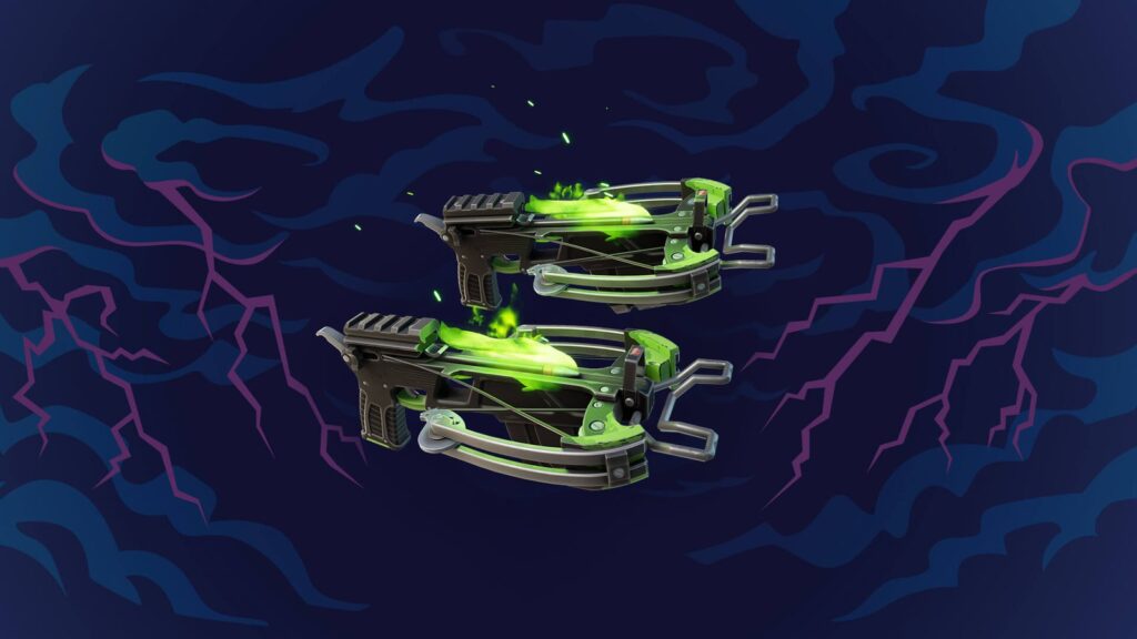 Official Fortnite Dual Fiend Hunters promotional image showing both crossbows against a dark Sideways-themed background