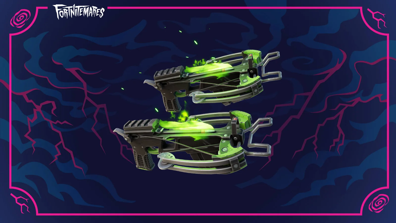 Official Fortnite Fortnitemares artwork showing the Dual Fiend Hunters framed in a branded Halloween presentation