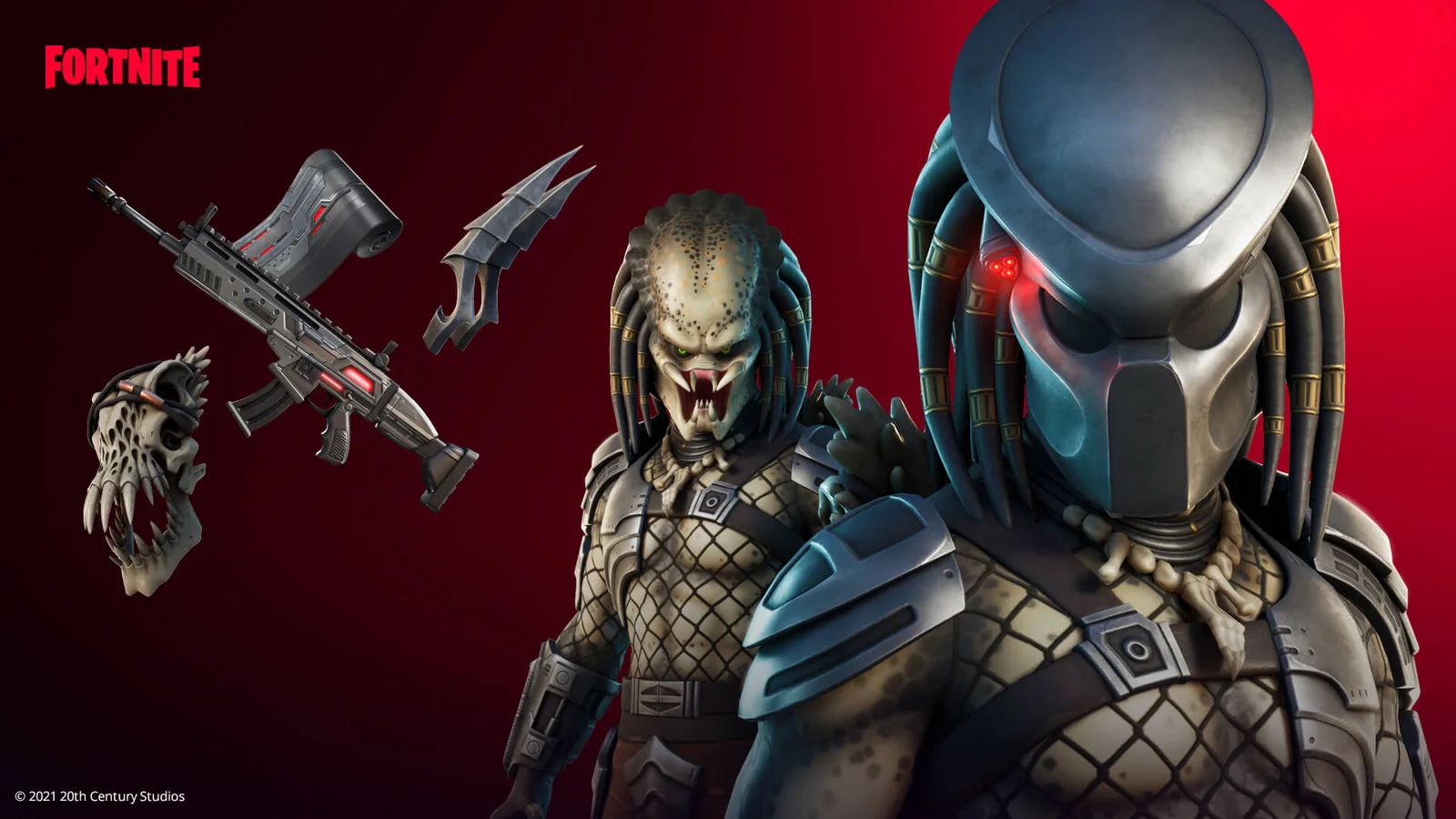 Official Fortnite Predator artwork featuring the alien hunter, his helmet and associated cosmetic accessories
