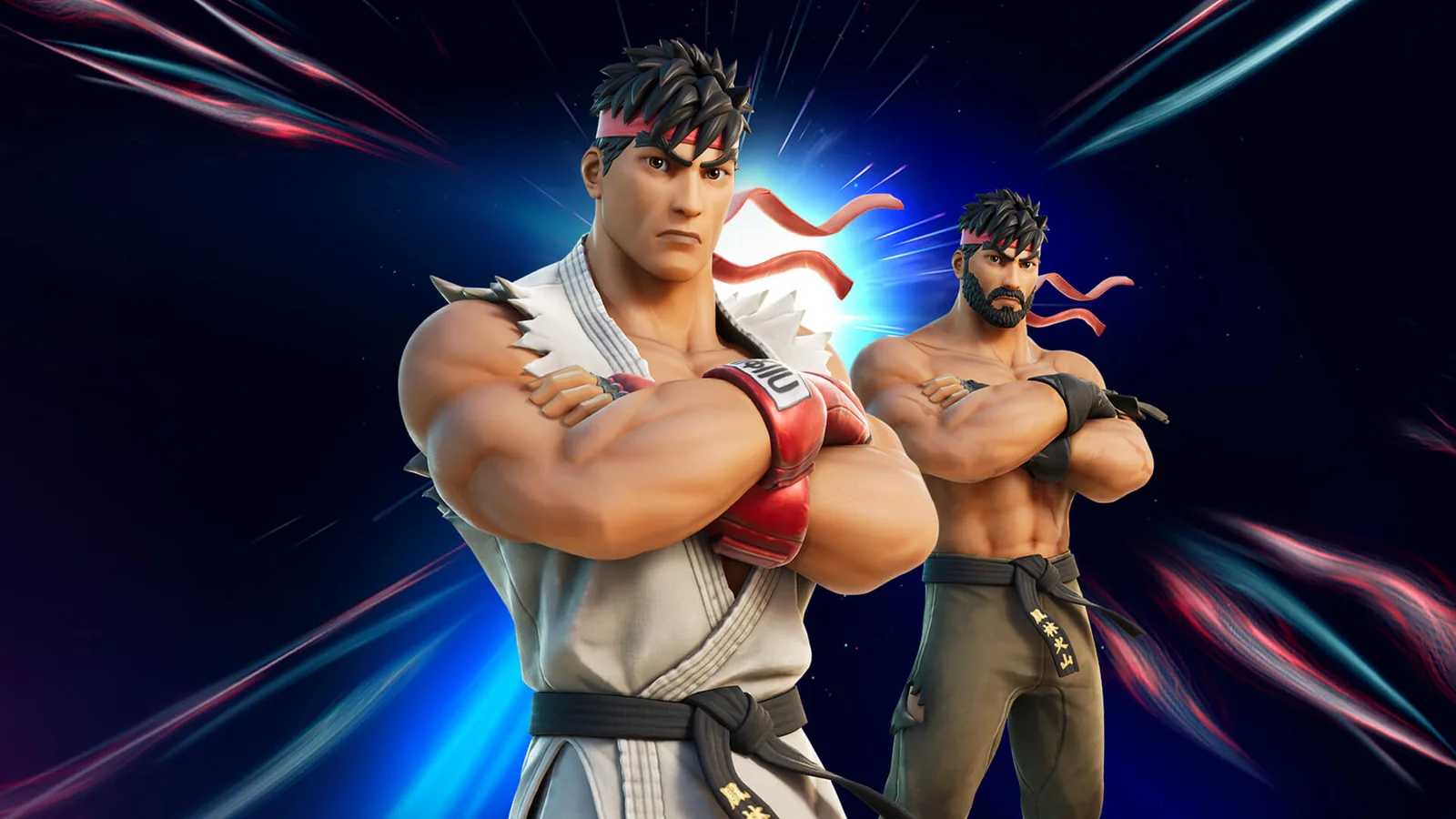Official Fortnite artwork showing Ryu and his alternate Street Fighter style