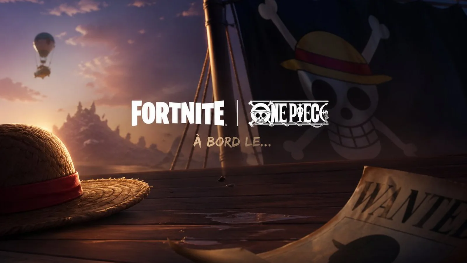 Fortnite and One Piece crossover imagery showing the Straw Hat Pirates' Jolly Roger aboard a wooden pirate ship