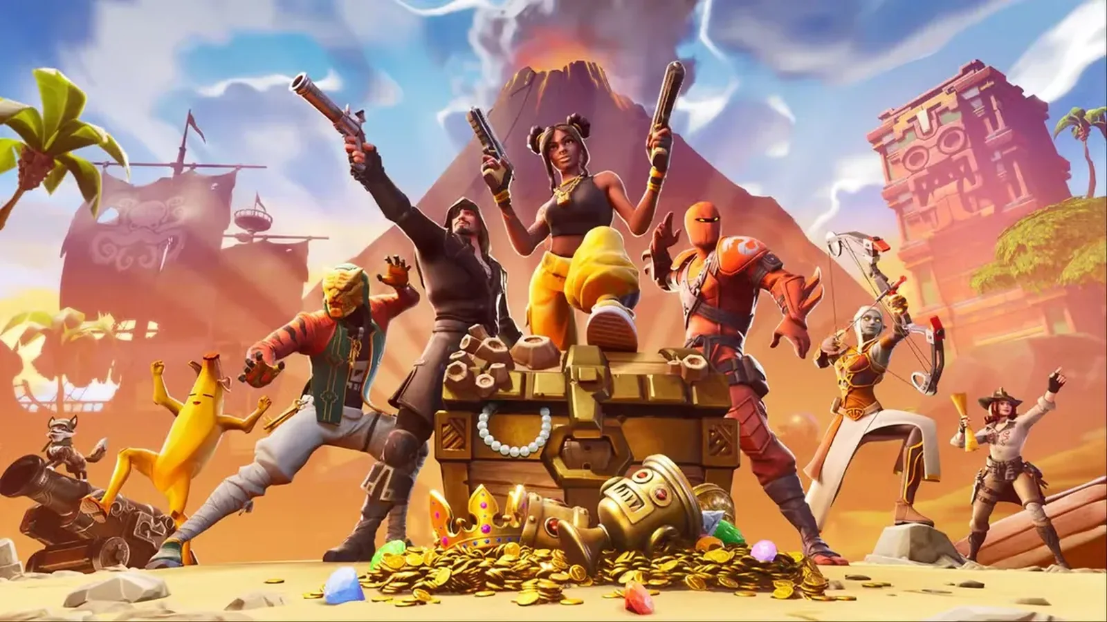 Fortnite promotional artwork showing a squad of characters surrounding a treasure chest overflowing with gold, gems and