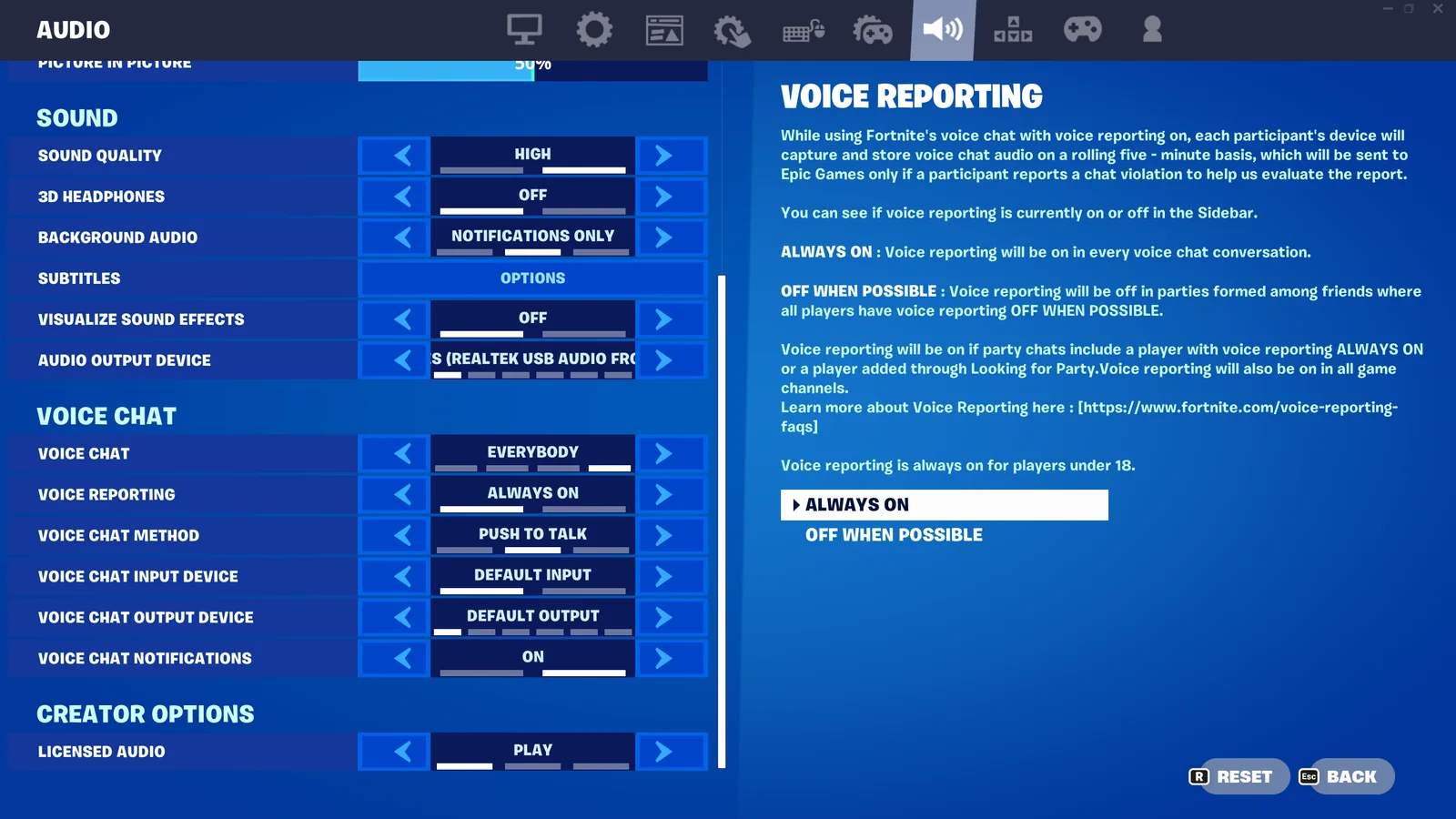 Fortnite settings screen showing the Voice Reporting controls and Always On option