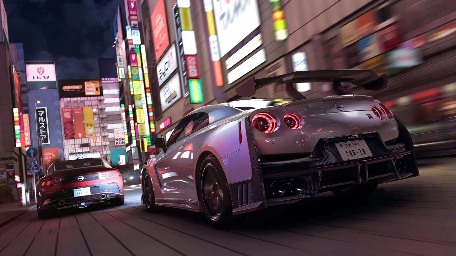 Nissan GT-R racing through neon-lit Tokyo streets at night
