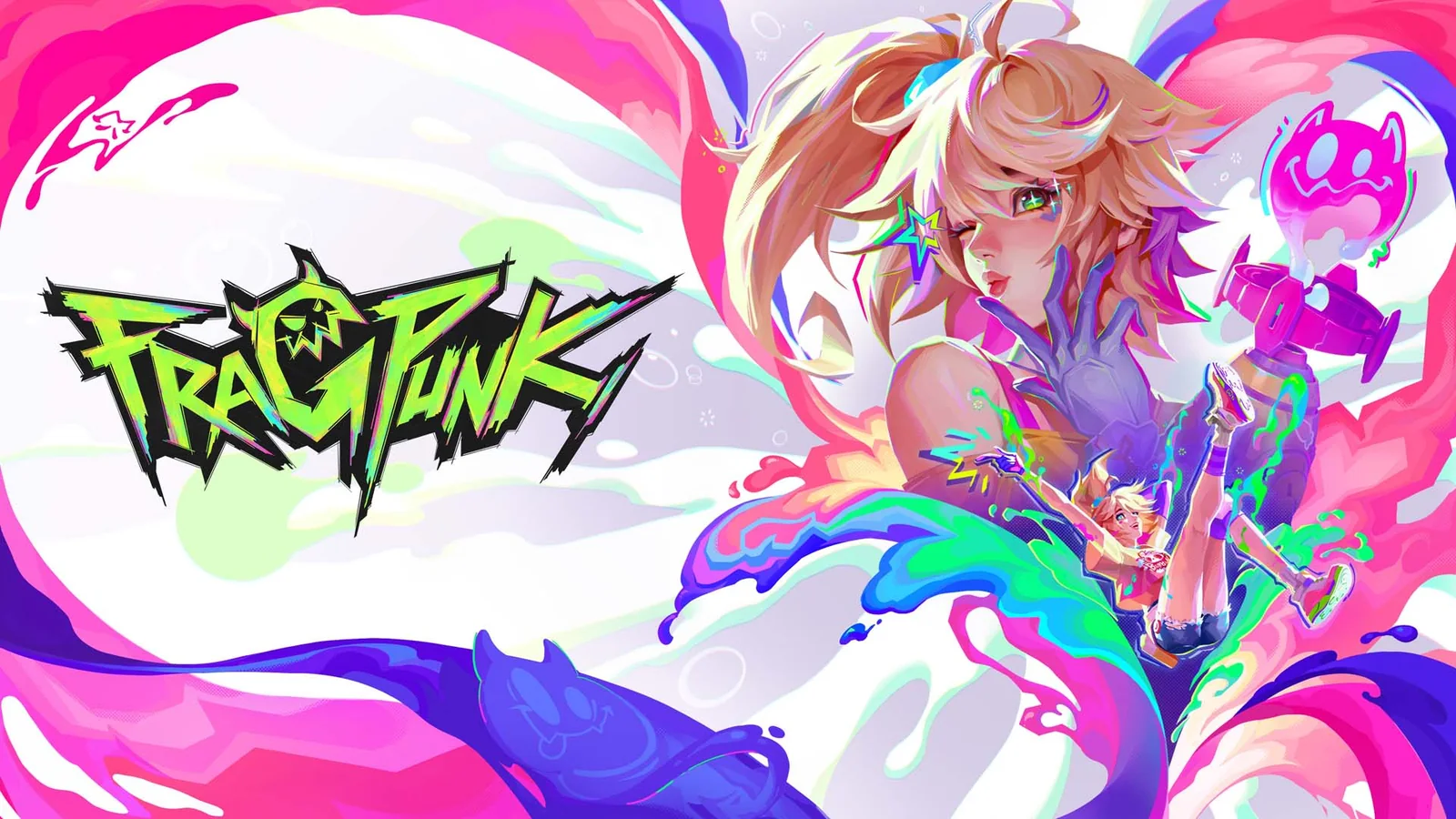 Official FragPunk promotional artwork featuring a colorful female character, vibrant paint effects and the game logo