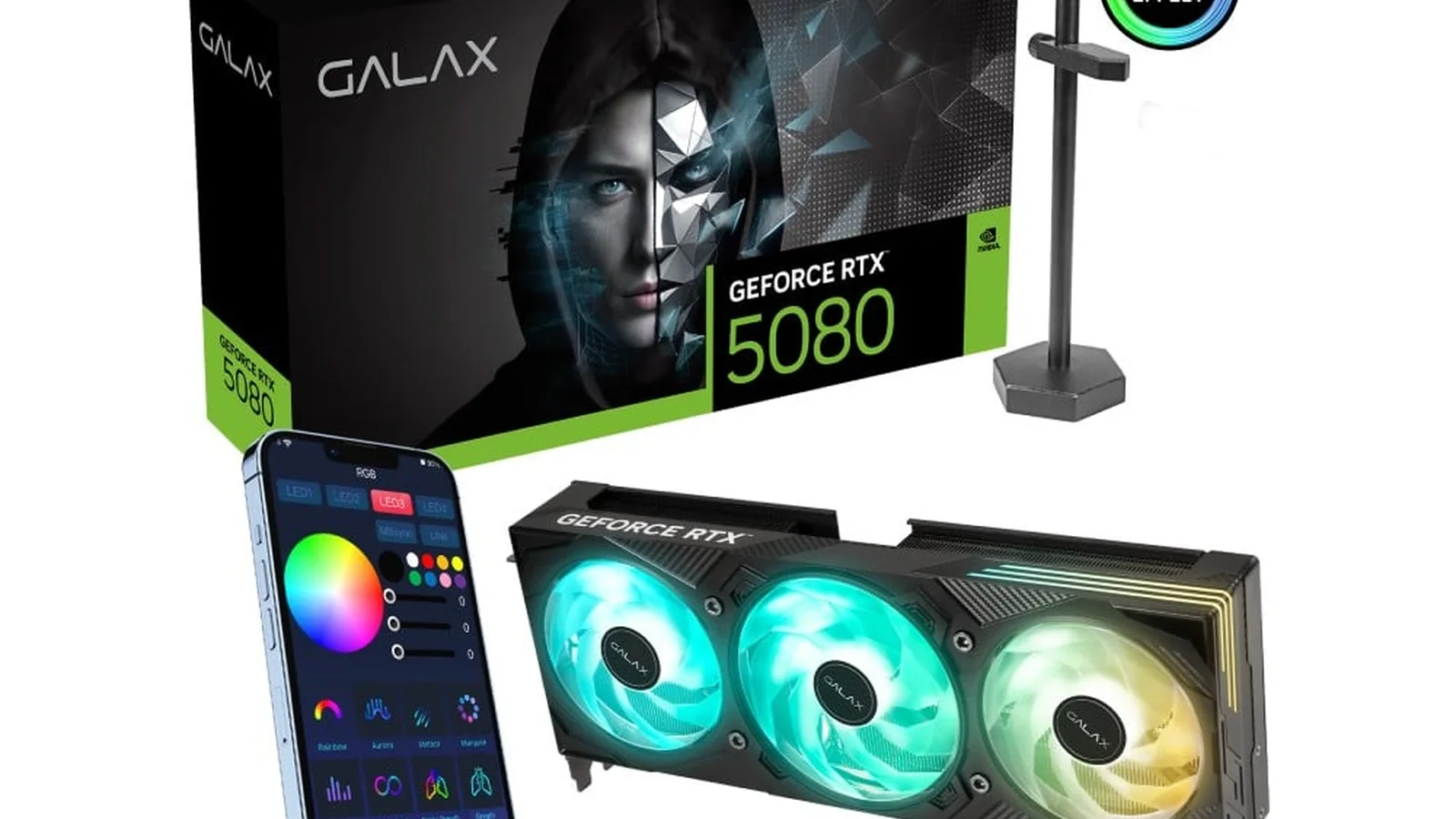 GALAX GeForce RTX 5080 EX Gamer graphics card with RGB lighting and triple-fan cooling