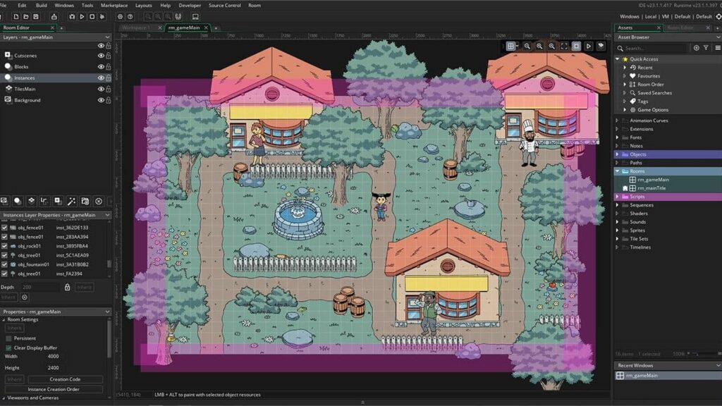 GameMaker GMRT to Become Free for Commercial Use in 2027 Official GameMaker Room Editor screenshot showing a colorful pixel-art village with houses, trees, characters and