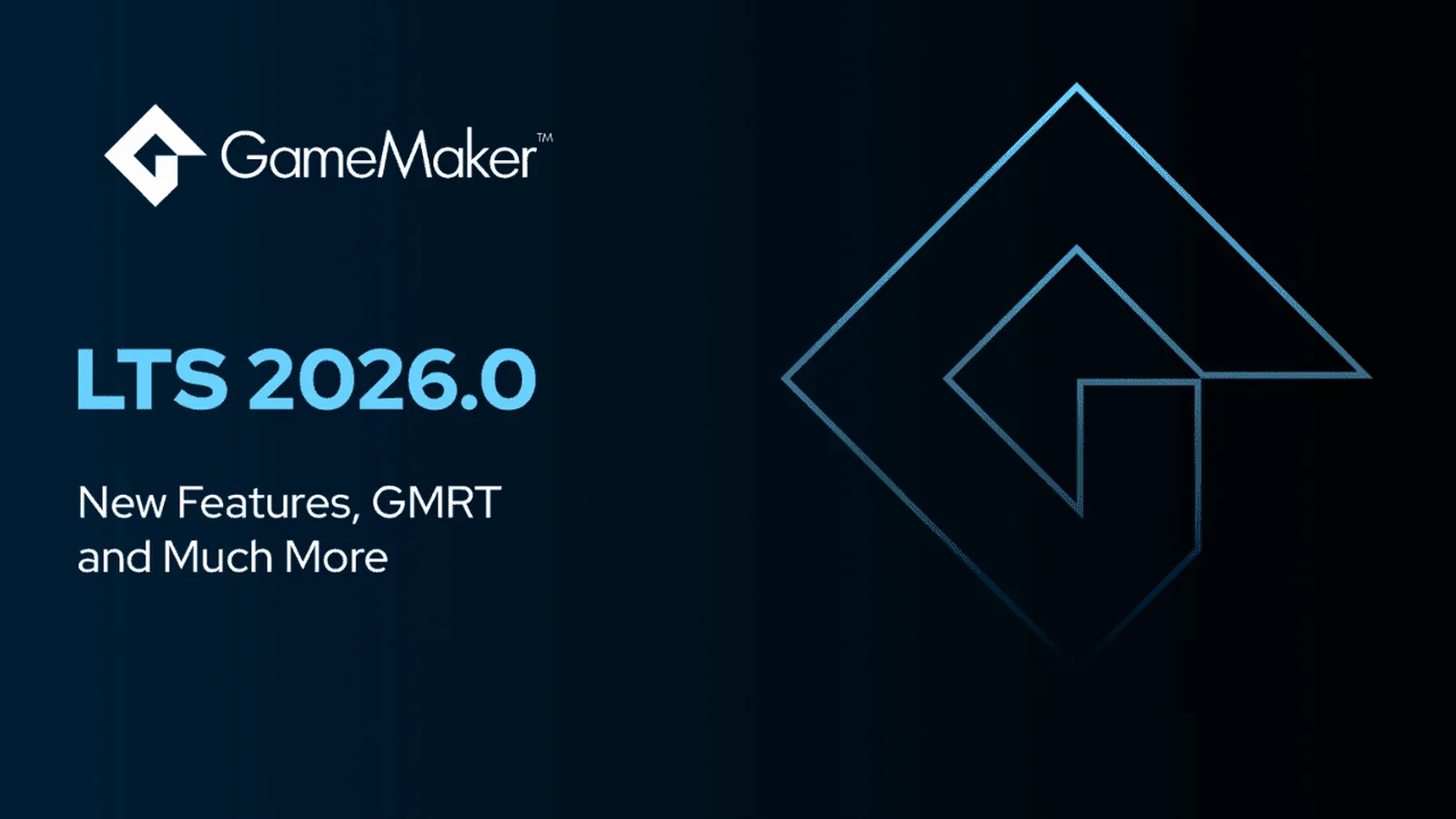 GameMaker LTS 2026 screenshot featuring a colorful forest platformer, gameplay debugging windows, performance graphs and