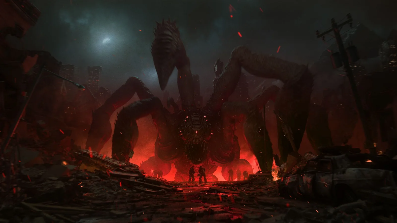 Official Gears of War: E-Day scene showing a massive Locust creature emerging amid a burning city