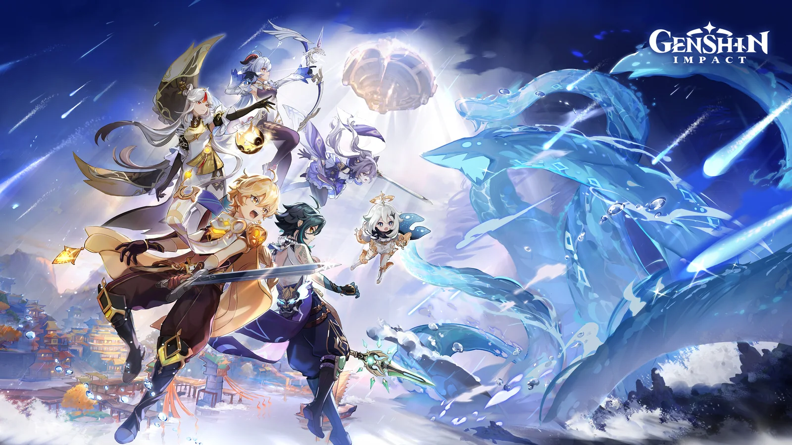 Genshin Impact promotional illustration featuring an enormous blue elemental creature and several characters