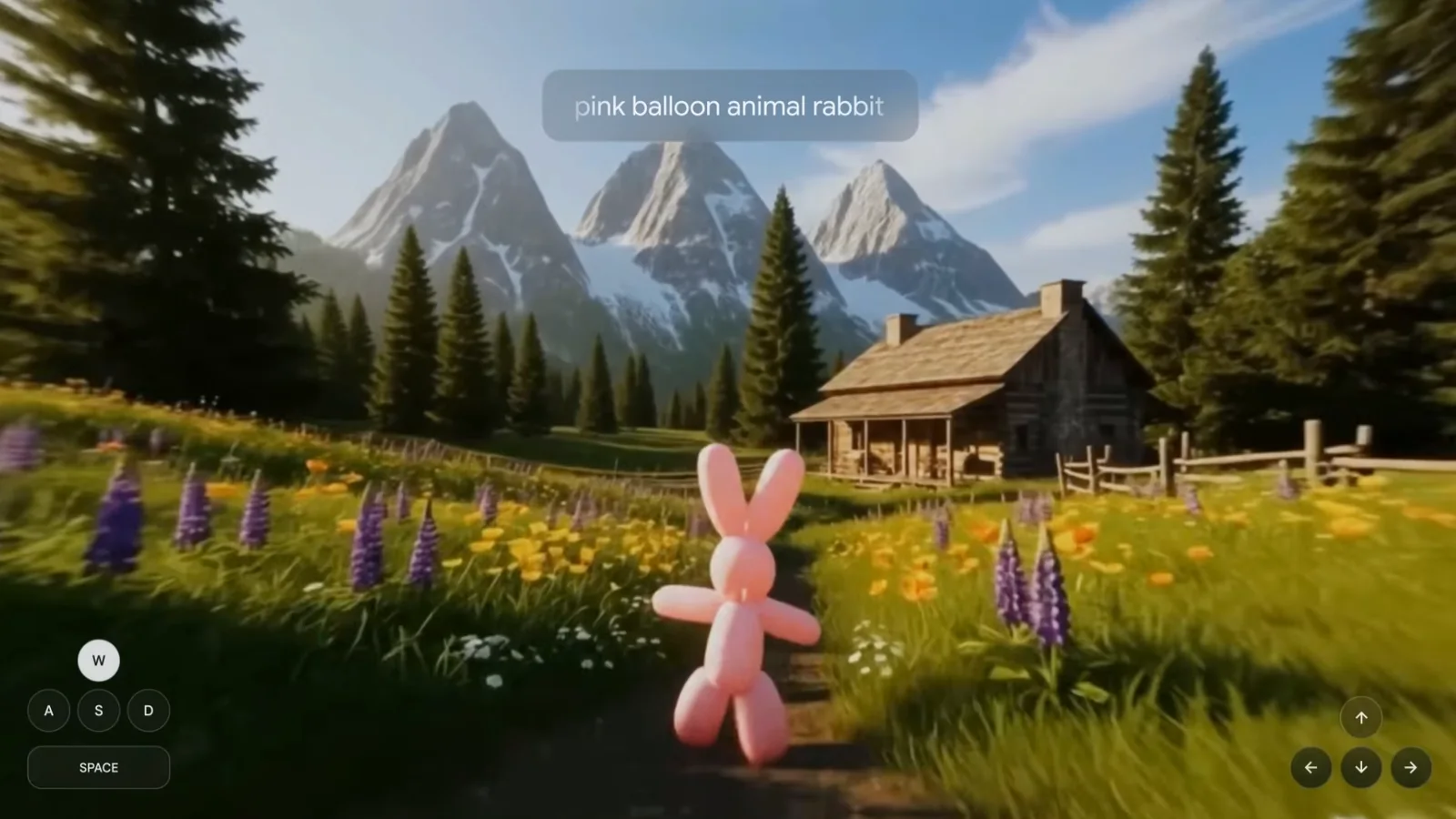 Mountain landscape with a wooden cabin, alpine flowers and a pink balloon rabbit in a Project Genie demonstration