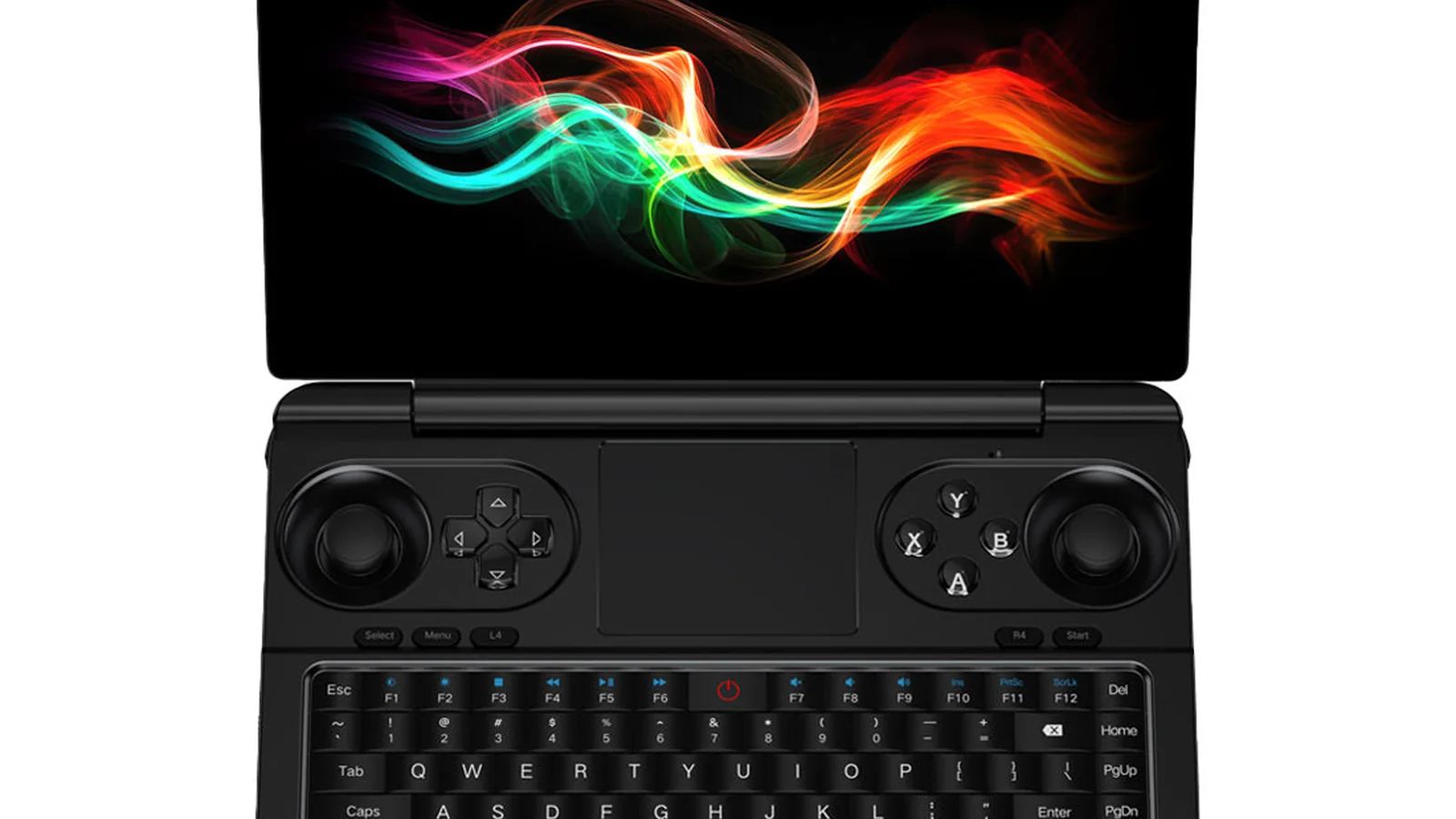 Official-style product render of the GPD WIN Mini 2025 showing its black clamshell chassis, keyboard, built-in game