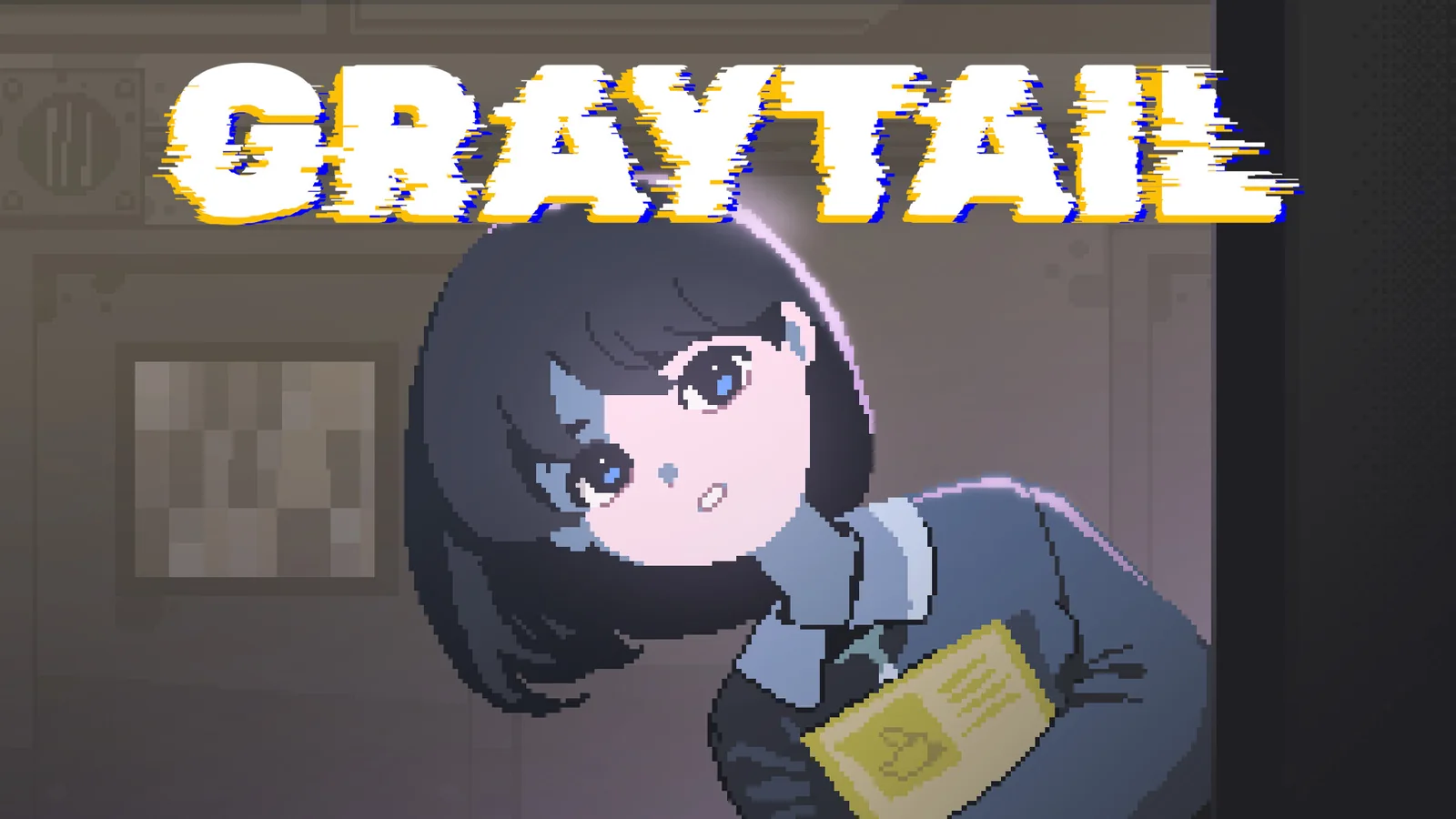 Official Graytail trailer thumbnail featuring a pixel-art female character holding a yellow document beneath the game's