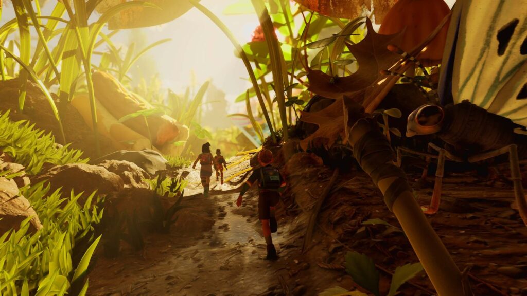 Grounded 2 Rot and Ruin Update Adds Centipede Boss and New Area Official Grounded 2 gameplay screenshot showing miniature survivors exploring Brookhollow Park beside a giant insect