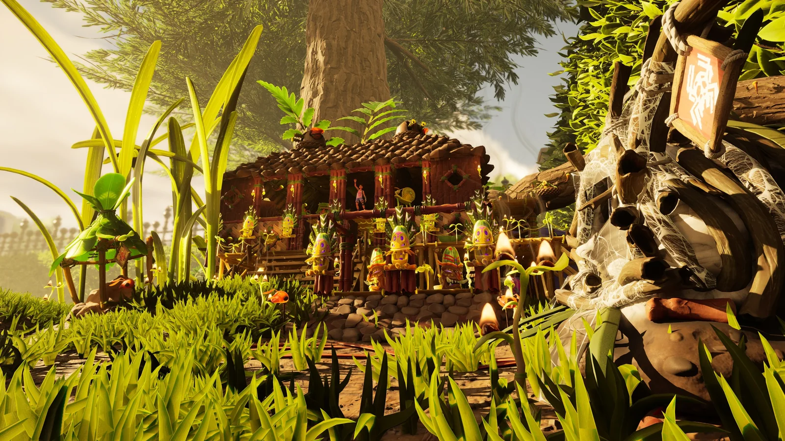 Grounded 2 gameplay screenshot featuring a handmade wooden base with decorative structures surrounded by oversized