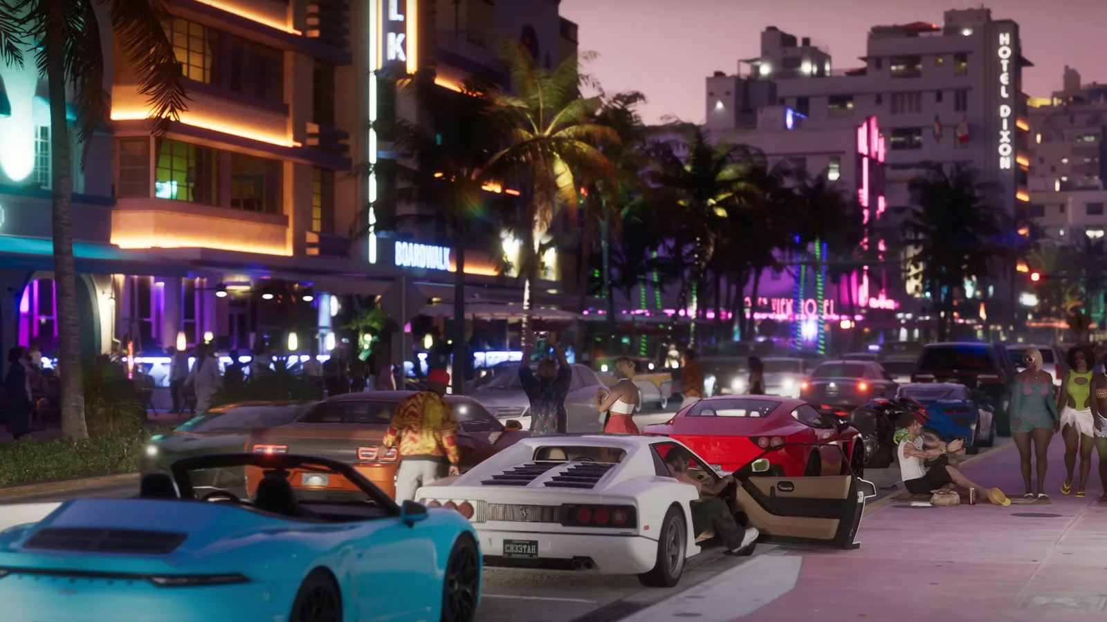 Grand Theft Auto VI Vice City nightlife scene featuring luxury sports cars, neon-lit hotels and palm-lined streets
