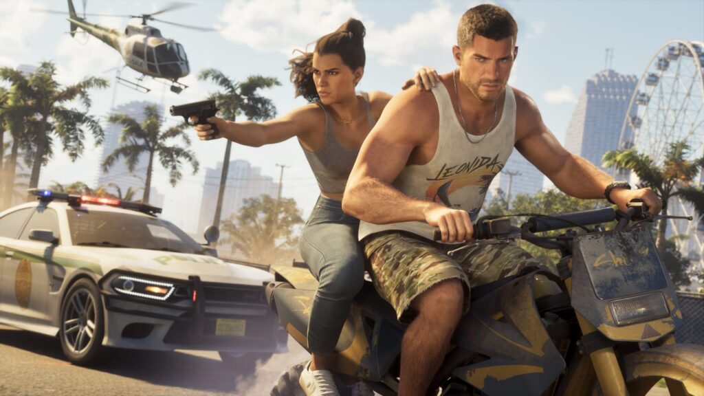 Jason and Lucia riding a dirt bike through the sunny streets of Vice City