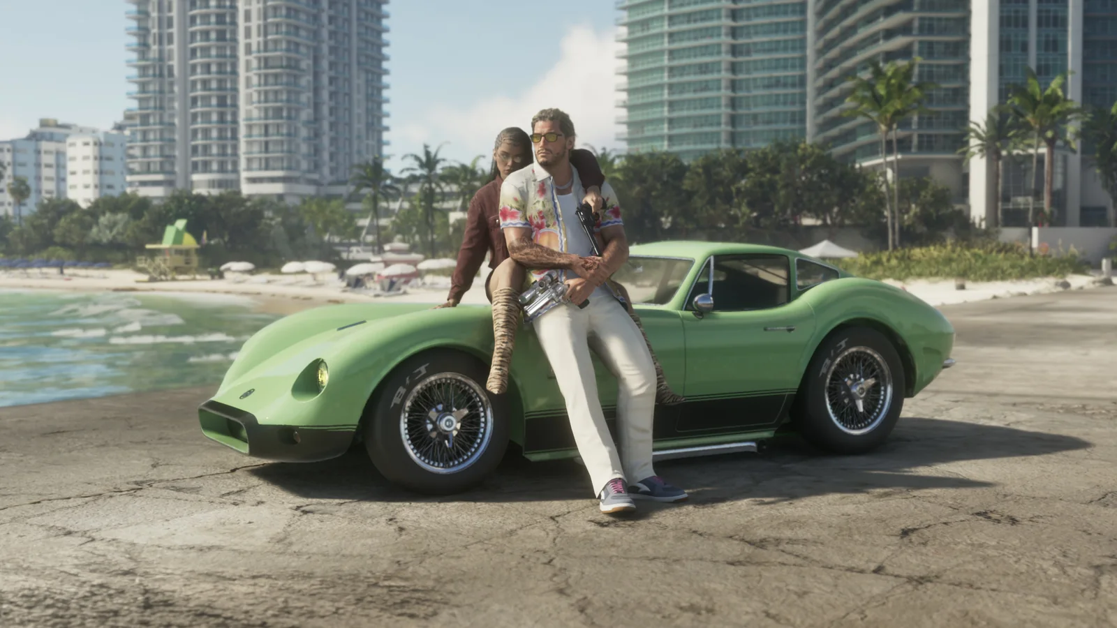 Jason and Lucia pictured together beside a green sports car near the Vice City beachfront