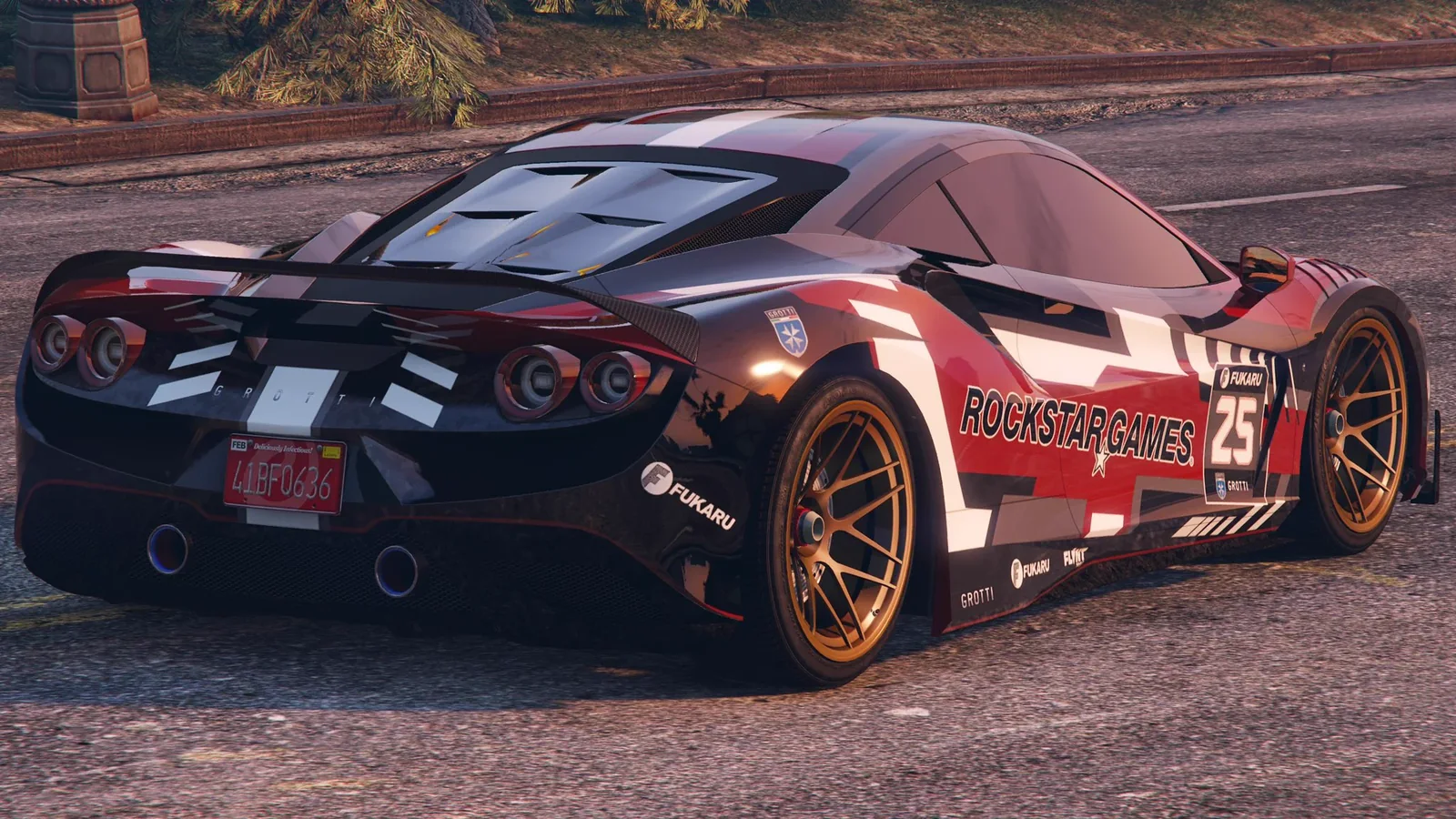 Grotti Turismo Omaggio in Rockstar Games racing livery, with red, black and white bodywork and gold wheels