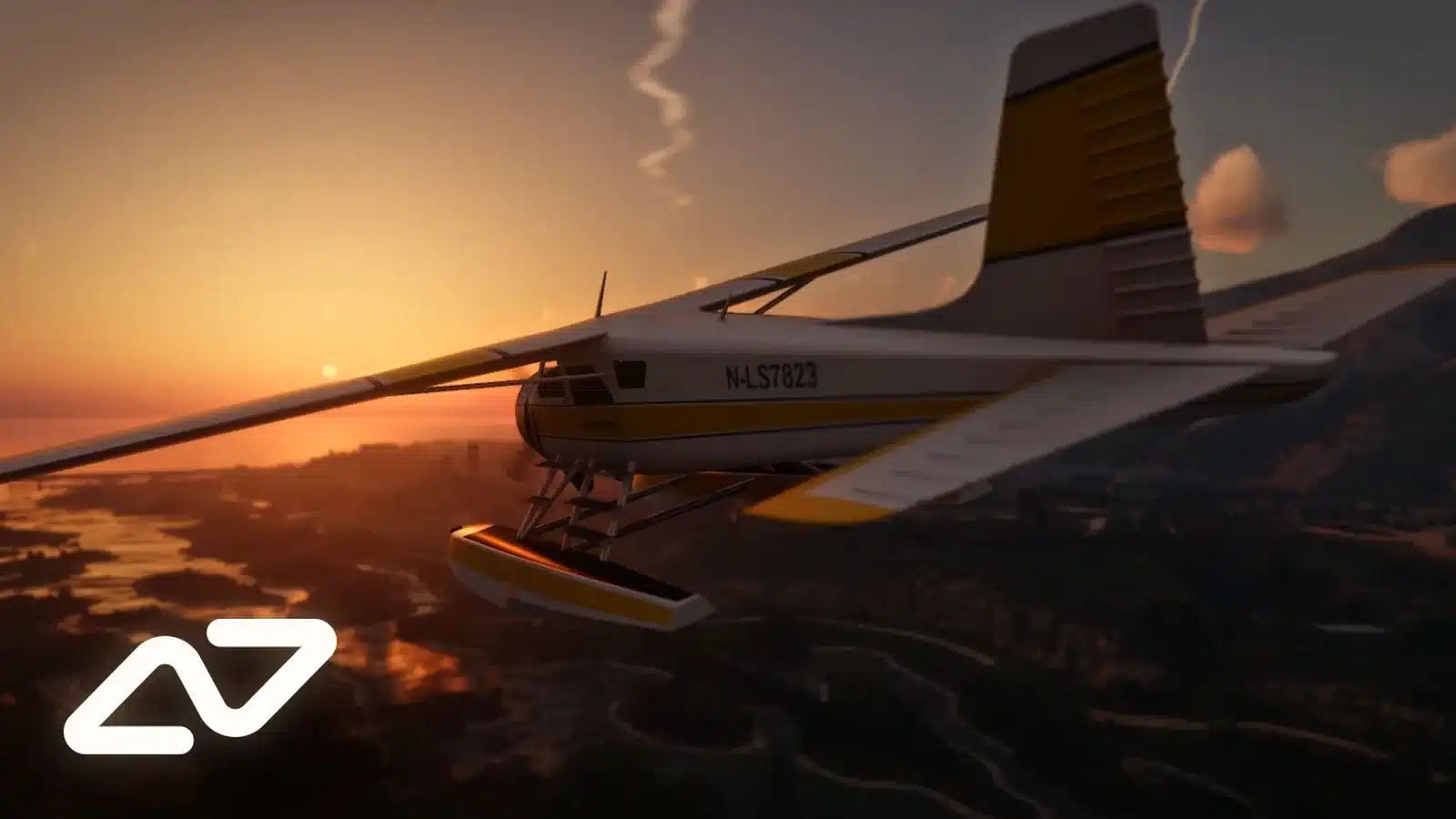 Seaplane flying above the coastline at sunset, with sunlight reflecting off the water
