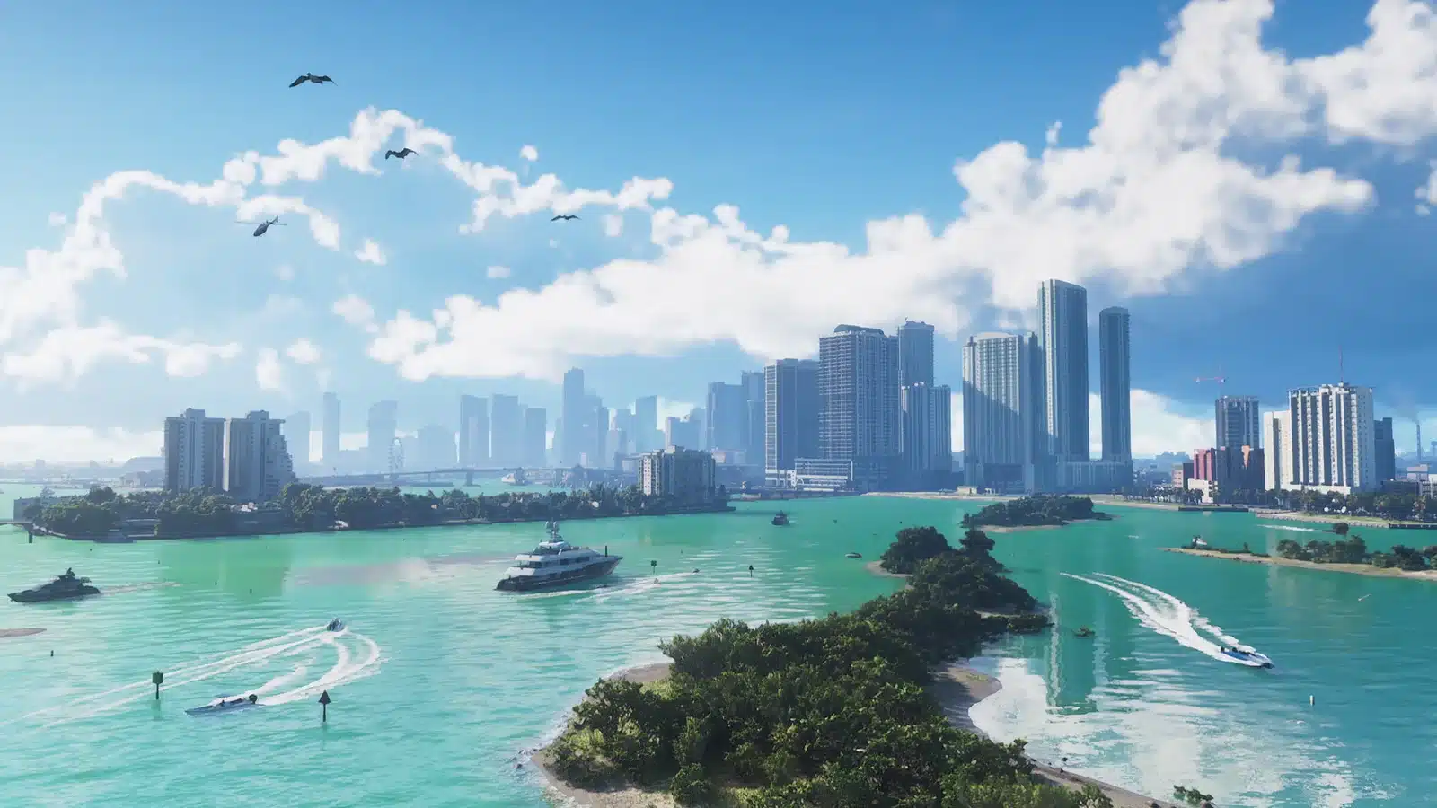 Vice City waterfront with turquoise water, boats, tropical islands and a distant city skyline