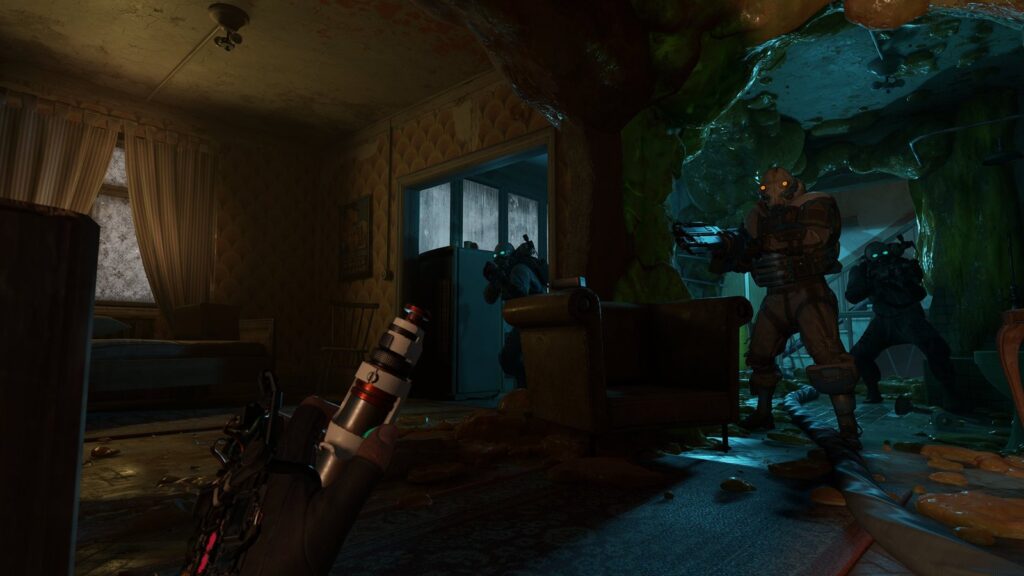 Half-Life: Alyx Update Adds Foveated Rendering for PC VR Combine soldiers advancing through a dark, alien-infested interior illuminated by blue-green lighting
