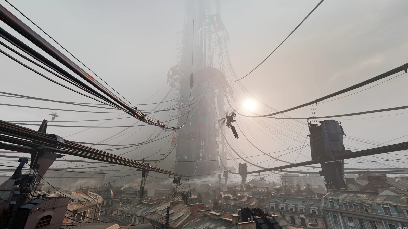 City 17 skyline featuring the enormous Combine Citadel, dense overhead cables and industrial structures