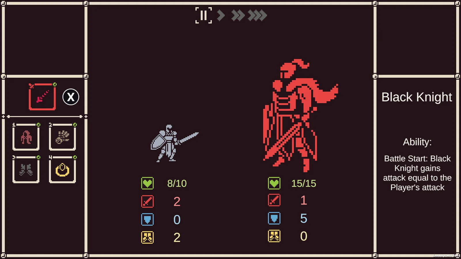 Official gameplay screenshot showing the armored protagonist battling a red Black Knight, with equipment and combat