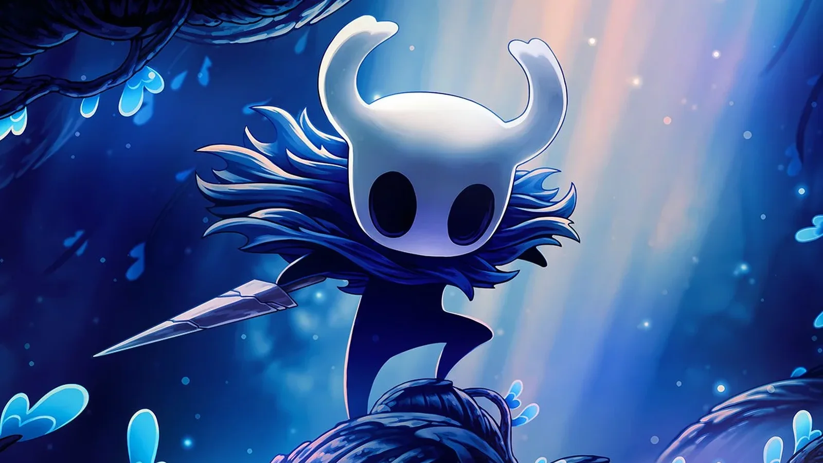 Official Hollow Knight key art showing the Knight holding the Nail against a blue Hallownest background