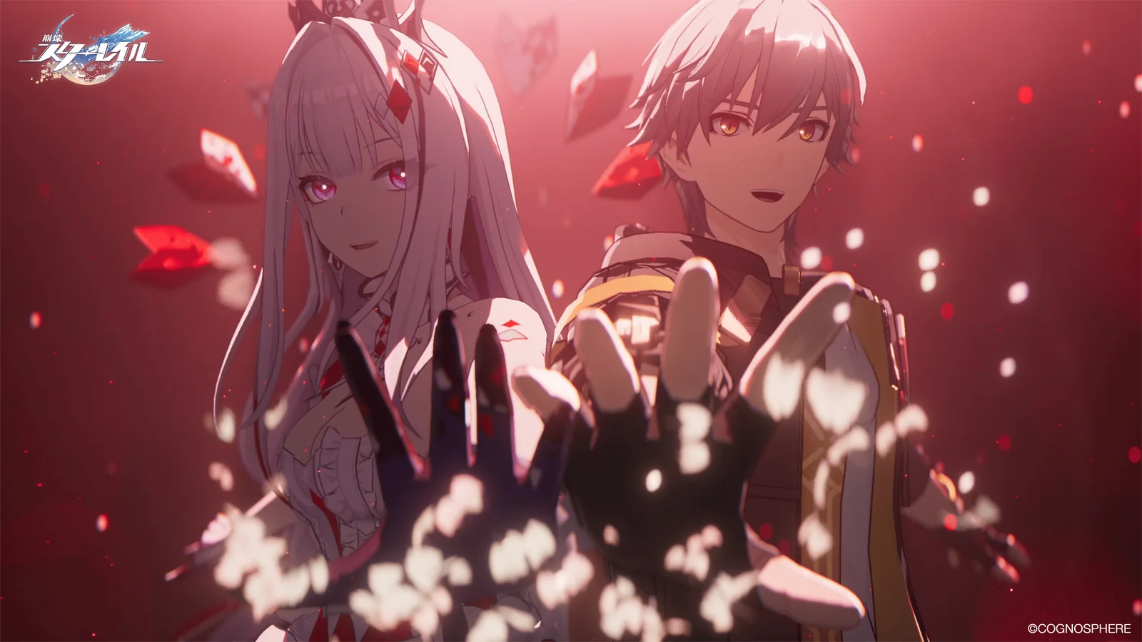 Aeon Aha and the male Trailblazer appearing together in a dramatic red-lit cinematic scene