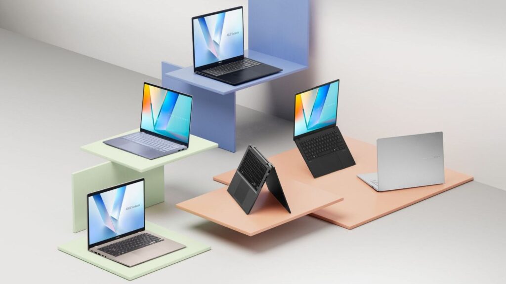 HP, Asus and Acer Reportedly Shift PC Production Back to China ASUS 2026 laptop lineup featuring multiple Zenbook-style notebooks arranged on pastel-colored platforms