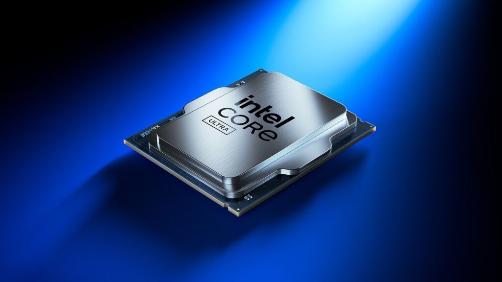 Official Intel Core Ultra desktop processor render featuring a silver CPU against a dramatic blue gradient background