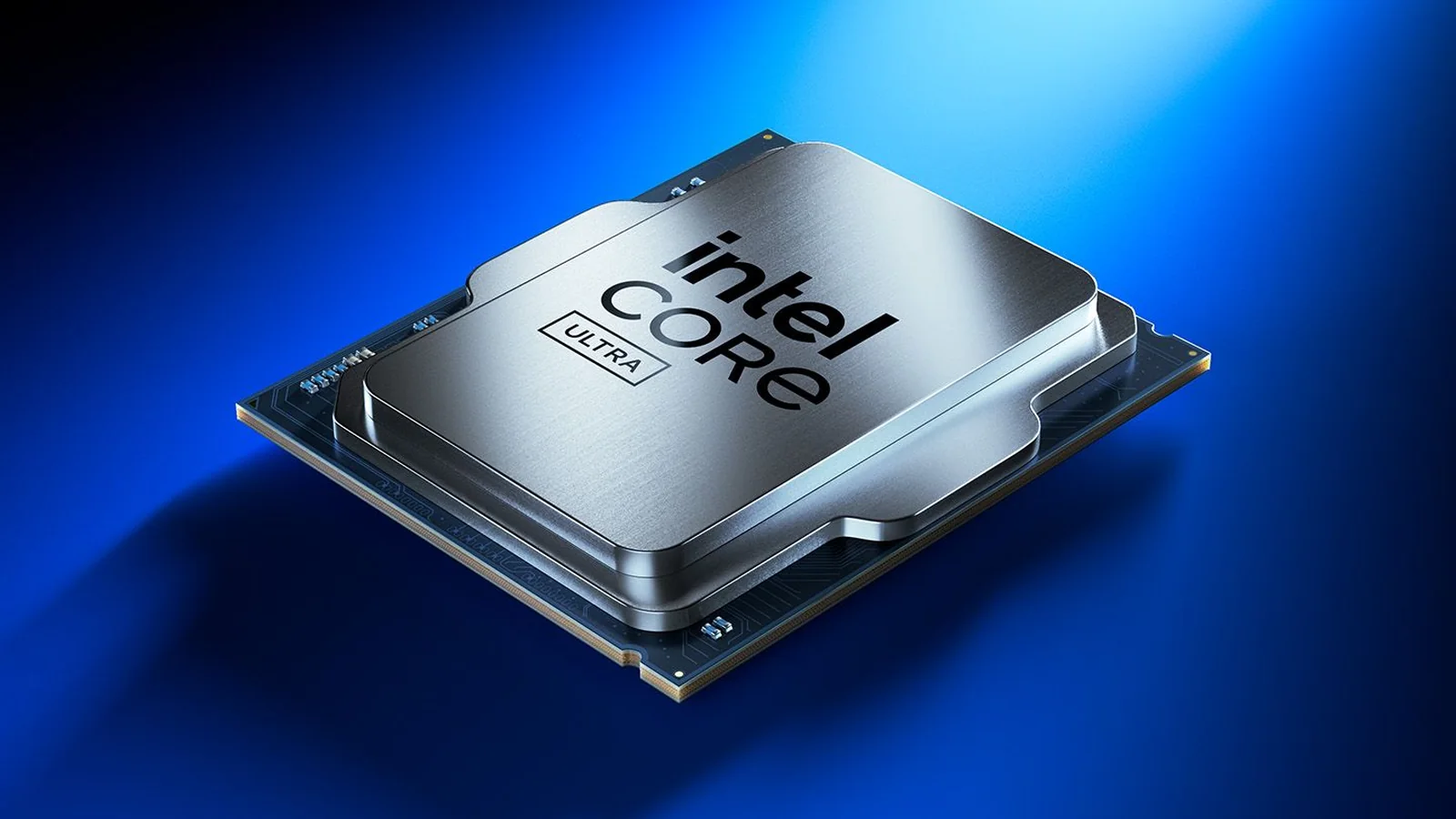 Official Intel Core Ultra desktop processor render featuring a silver CPU against a dramatic blue gradient background