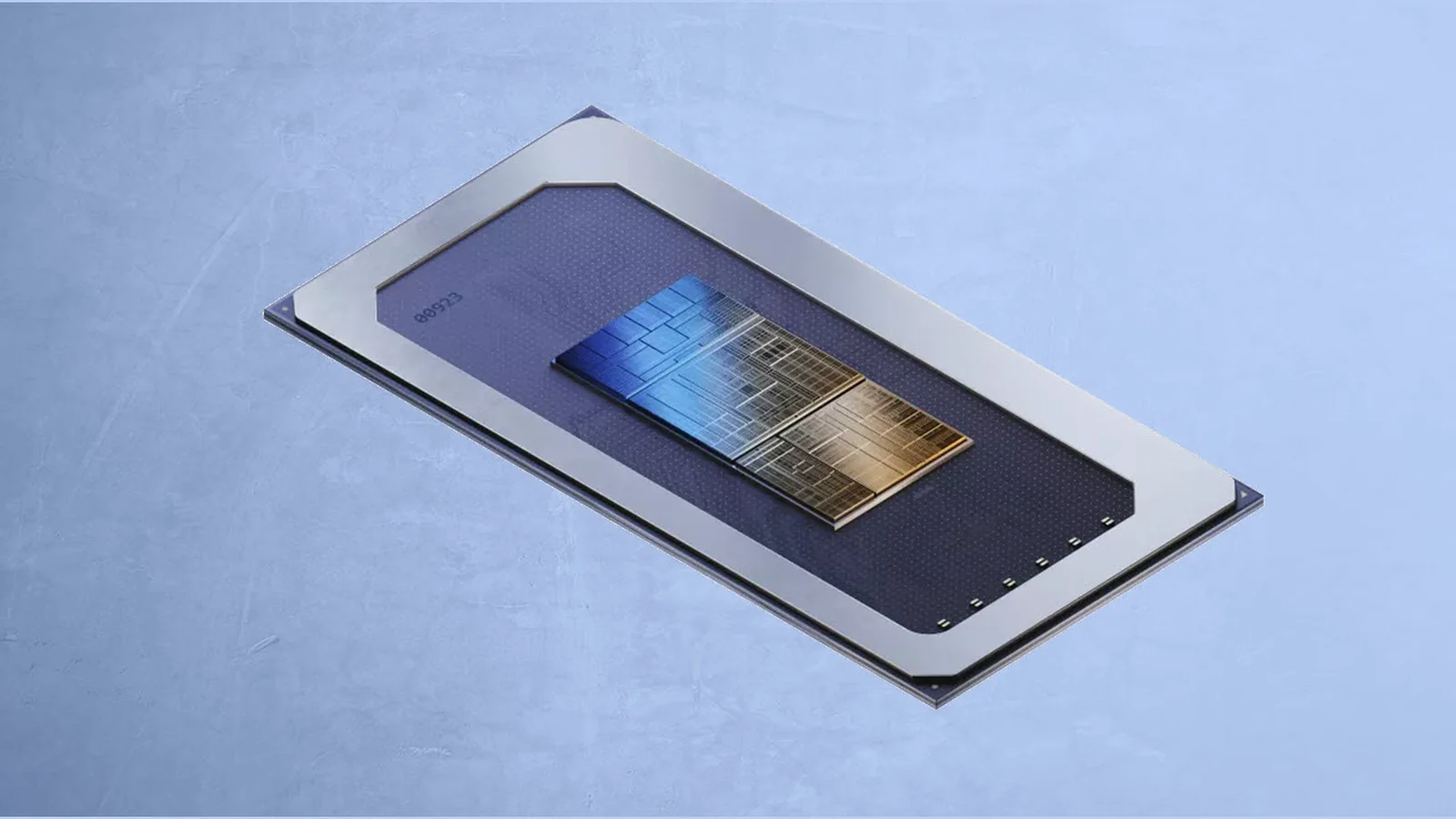 Intel Wildcat Lake processor package render showing its exposed silicon tiles and metallic package frame