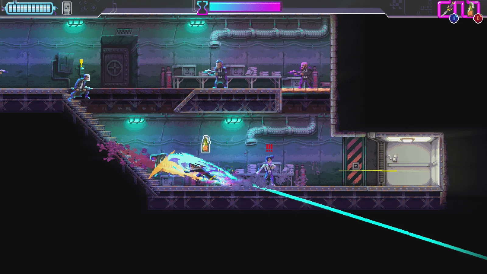 Katana ZERO protagonist fighting enemies across two levels of an industrial bunker