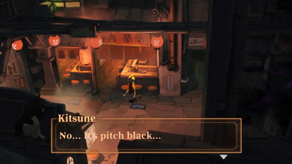 Kitsune explores a warmly illuminated Japanese street lined with lanterns and traditional food stalls