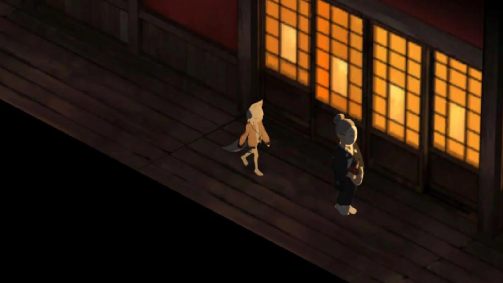 Kitsune and her frog companion explore a traditional Japanese building with glowing windows
