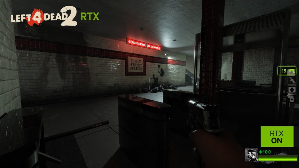 Left 4 Dead RTX Brings Ray Tracing and DLSS 4.5 to Left 4 Dead 2 Left 4 Dead 2 RTX screenshot of a dark subway station with red illuminated signs, tiled walls, and ray-traced