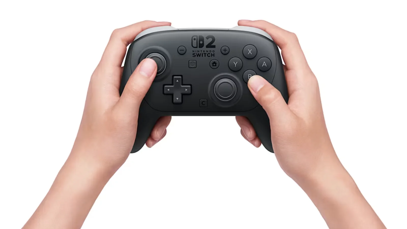 Nintendo Switch 2 Pro Controller held in both hands against a plain white background, clearly showing the controller's